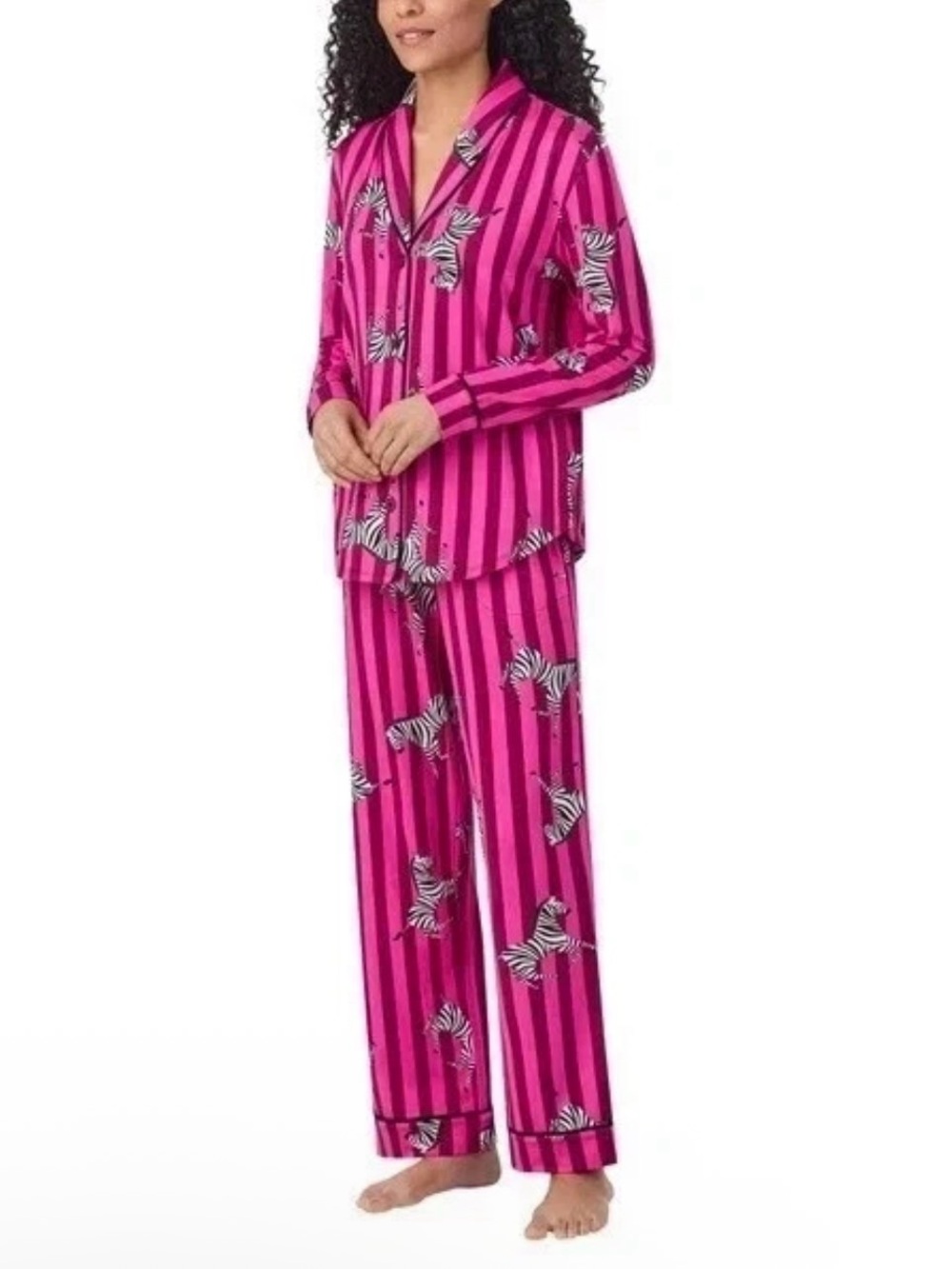 Room Service Women’s Small Pink Zebra Stripe Pajama Set Button Down Lounge - Picture 2 of 14